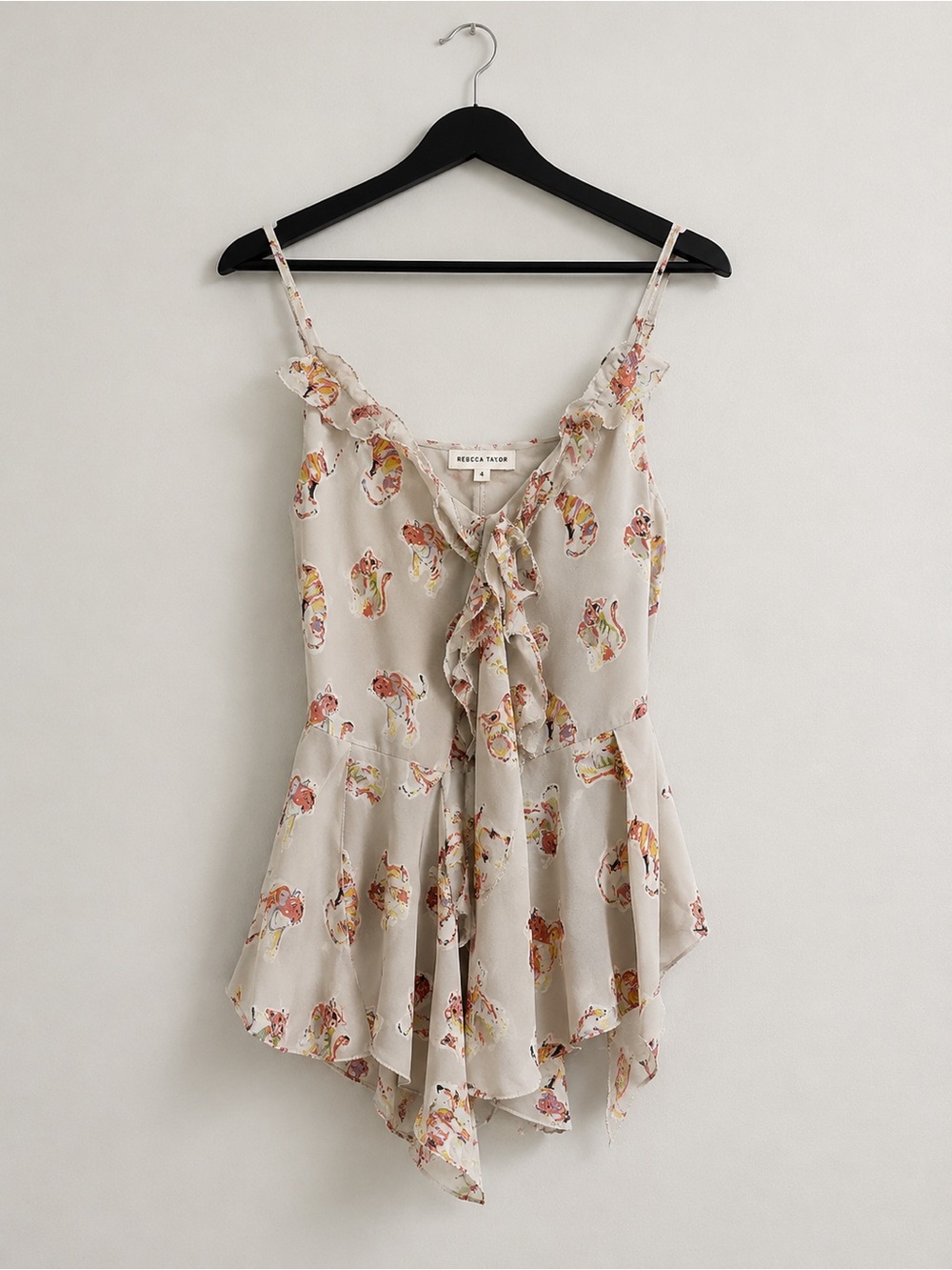 Rebecca Taylor Cami Top Silk Tiger Print Ruffle Size 4 Sleeveless Blouse - Picture 3 of 15